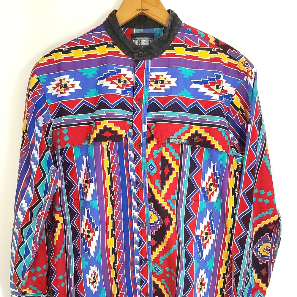 Vtg Roughrider Western Shirt Men's Med Red Blue Southwestern Aztec Print USA